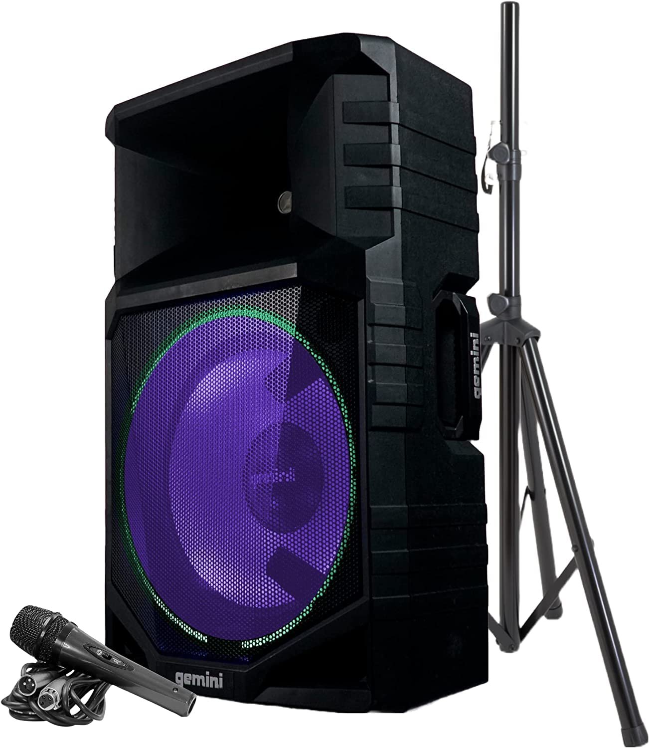 GSW-T1500PK Bluetooth PA speaker with 15-inch woofer, 1500W power, and adjustable stand, in black