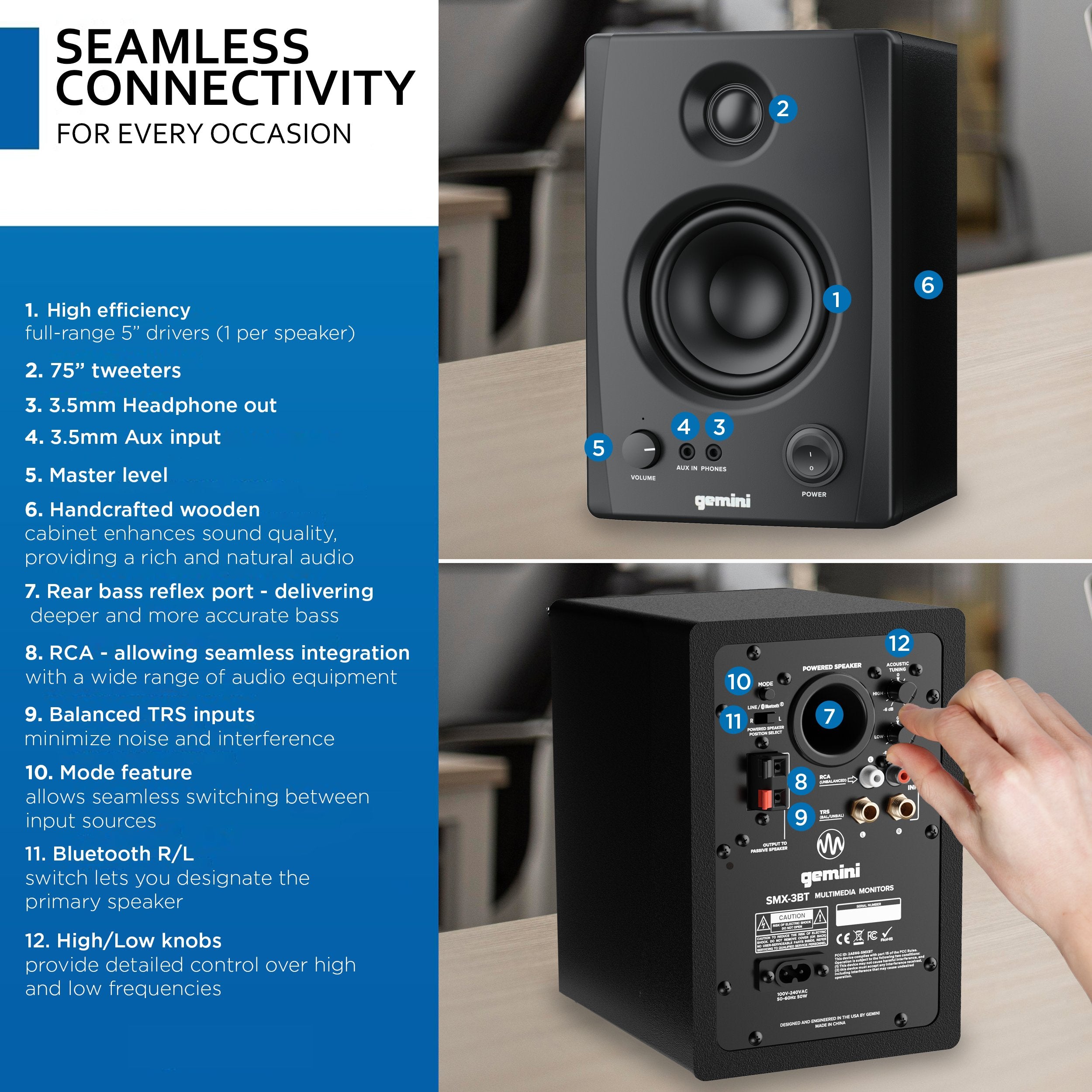 Wooden bookshelf speakers with 3.5-inch woofers and 0.75-inch tweeters, Gemini Sound SMX-3BT, Bluetooth enabled.