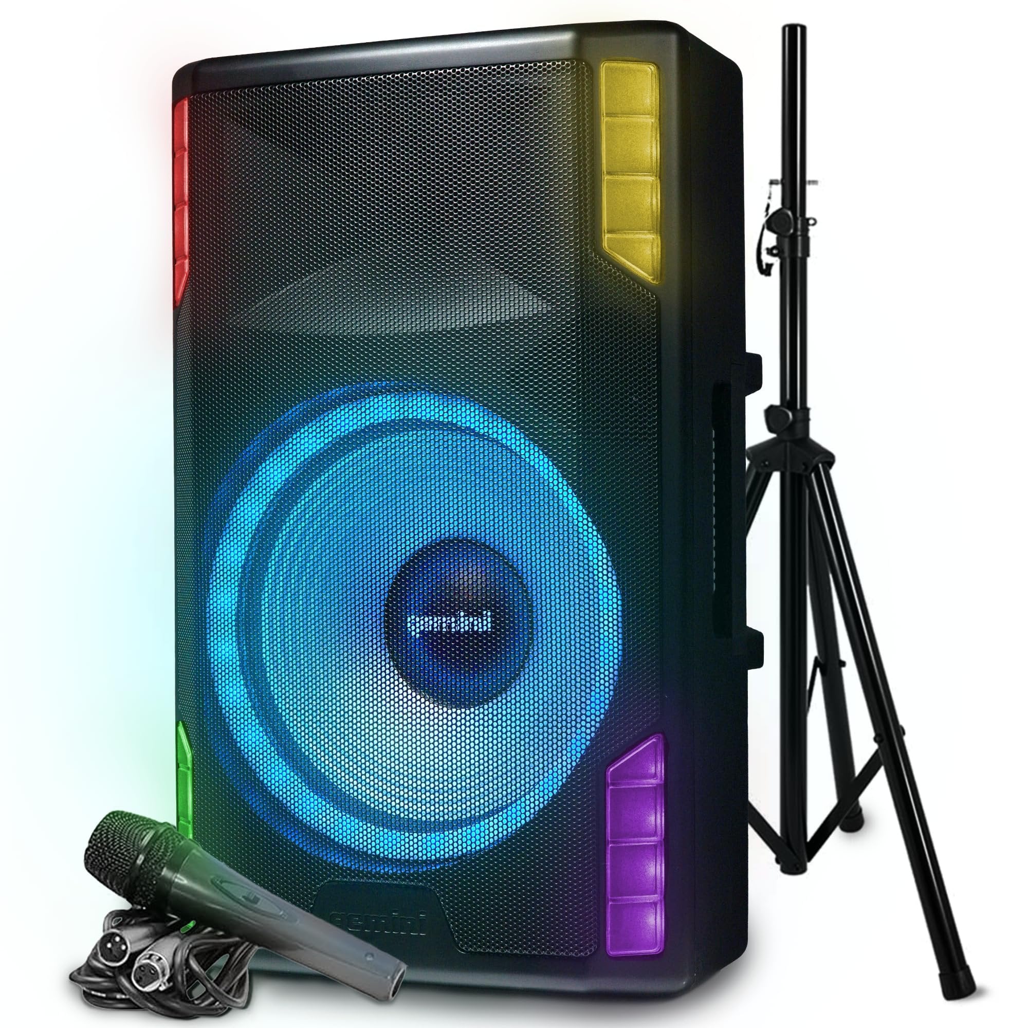Gemini Sound GSP-L5500PK 15-inch Bluetooth PA speaker with microphone, stand, LED lights, and 3-channel mixer