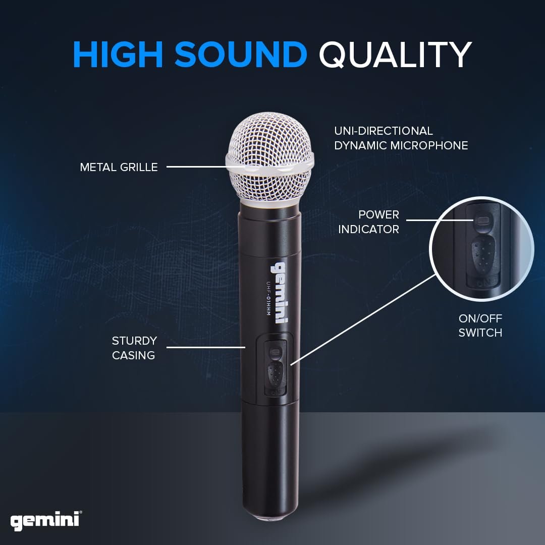 Gemini UHF-01M wireless microphone system with multi-frequency options, sleek black design, ideal for entertainers.