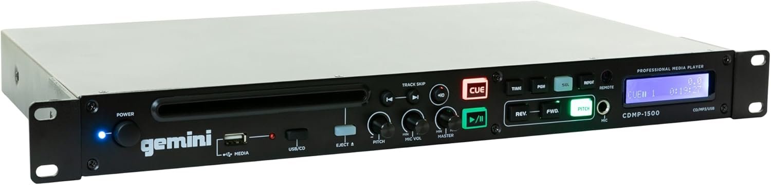 Gemini CDMP-1500 professional DJ CD media player with anti-shock feature and sleek black design