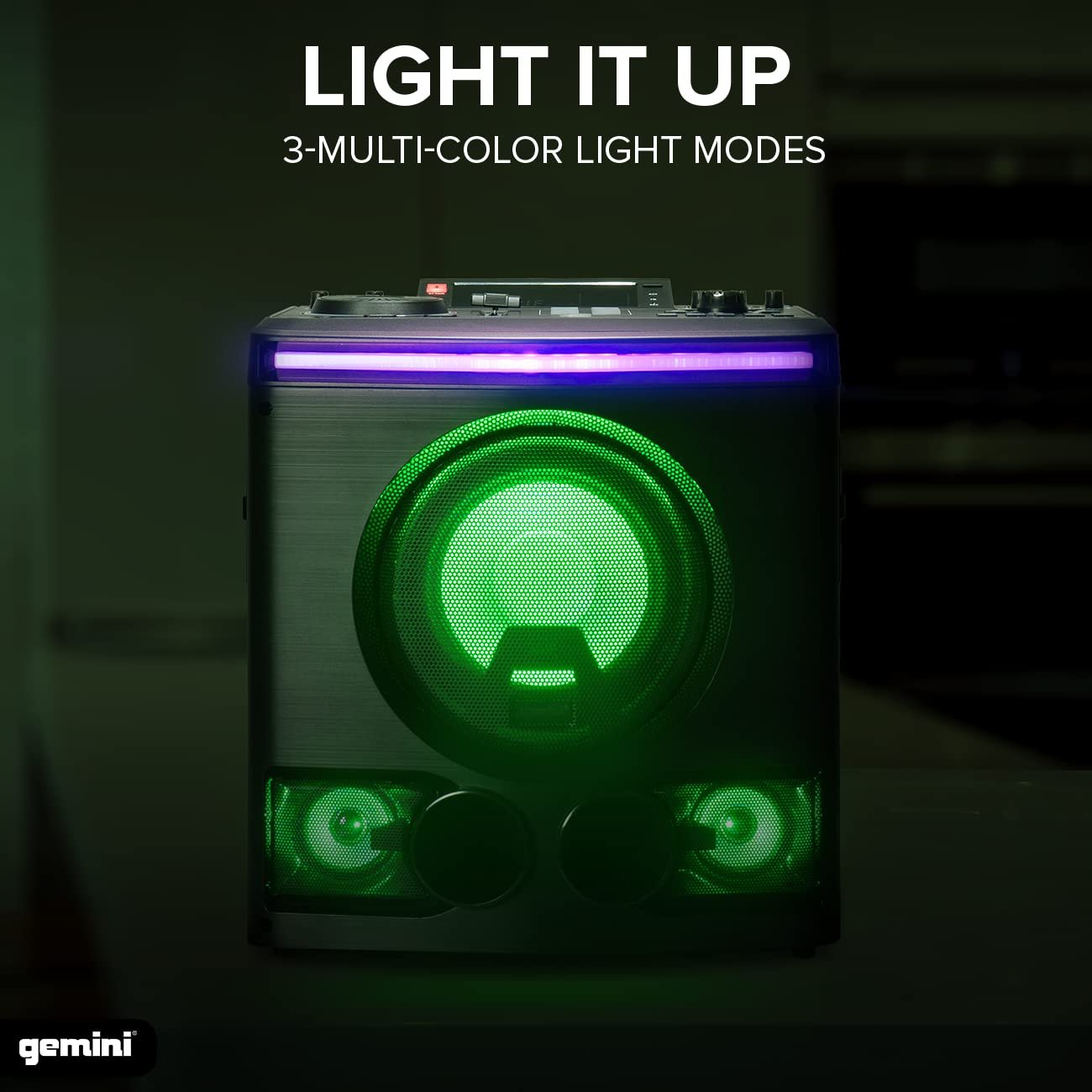 Gemini Sound GPK-800 Bluetooth karaoke speaker system with 2400W, 8-inch woofer, and colorful LED lights