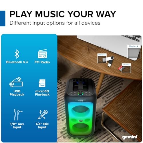 Gemini Sound GGO-2650L portable Bluetooth speaker with dual 6.5-inch woofers and vibrant party lights, 200W.