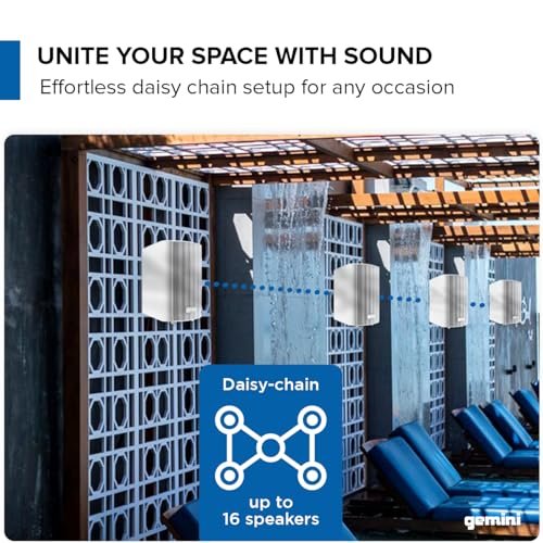 White waterproof outdoor Bluetooth speakers with 4-inch woofer and 0.5-inch tweeter by Gemini Sound