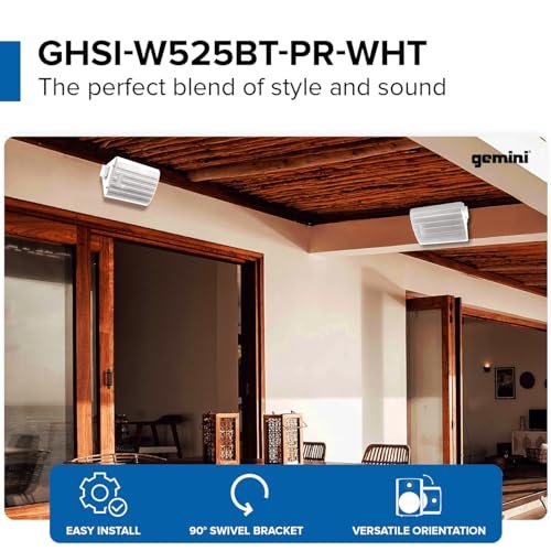 White Gemini GHSI-W525BT waterproof outdoor Bluetooth speakers with adjustable mounting brackets