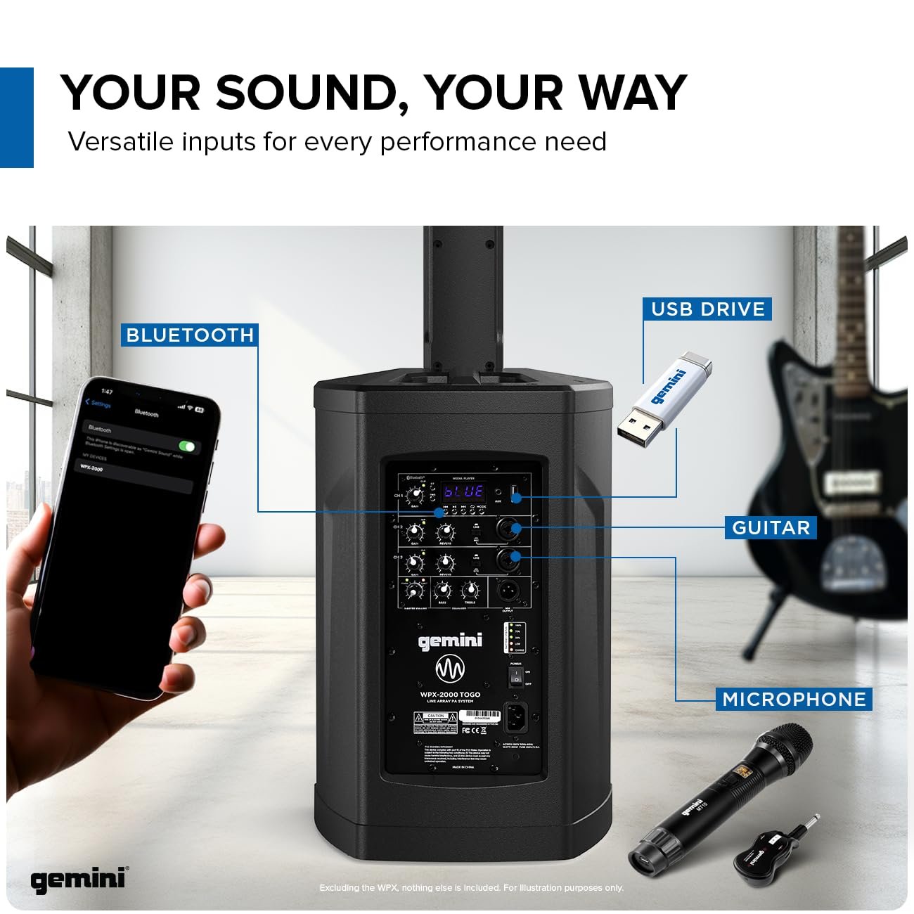 Gemini Sound WPX-2000TOGO portable 1000W PA speaker with 8-inch subwoofer and battery for outdoor use