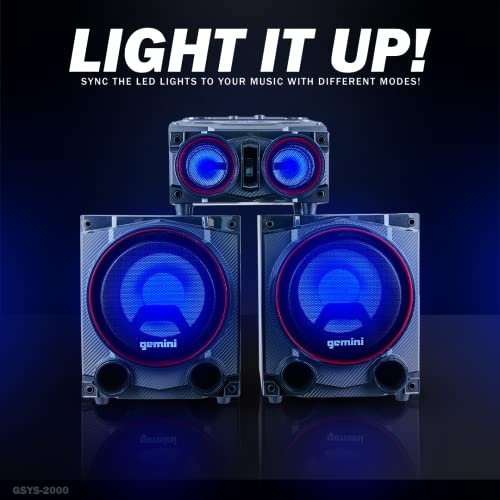 Gemini Sound GSYS-2000 dual 8-inch stereo system with LED lighting, 2000W power, and Bluetooth connectivity