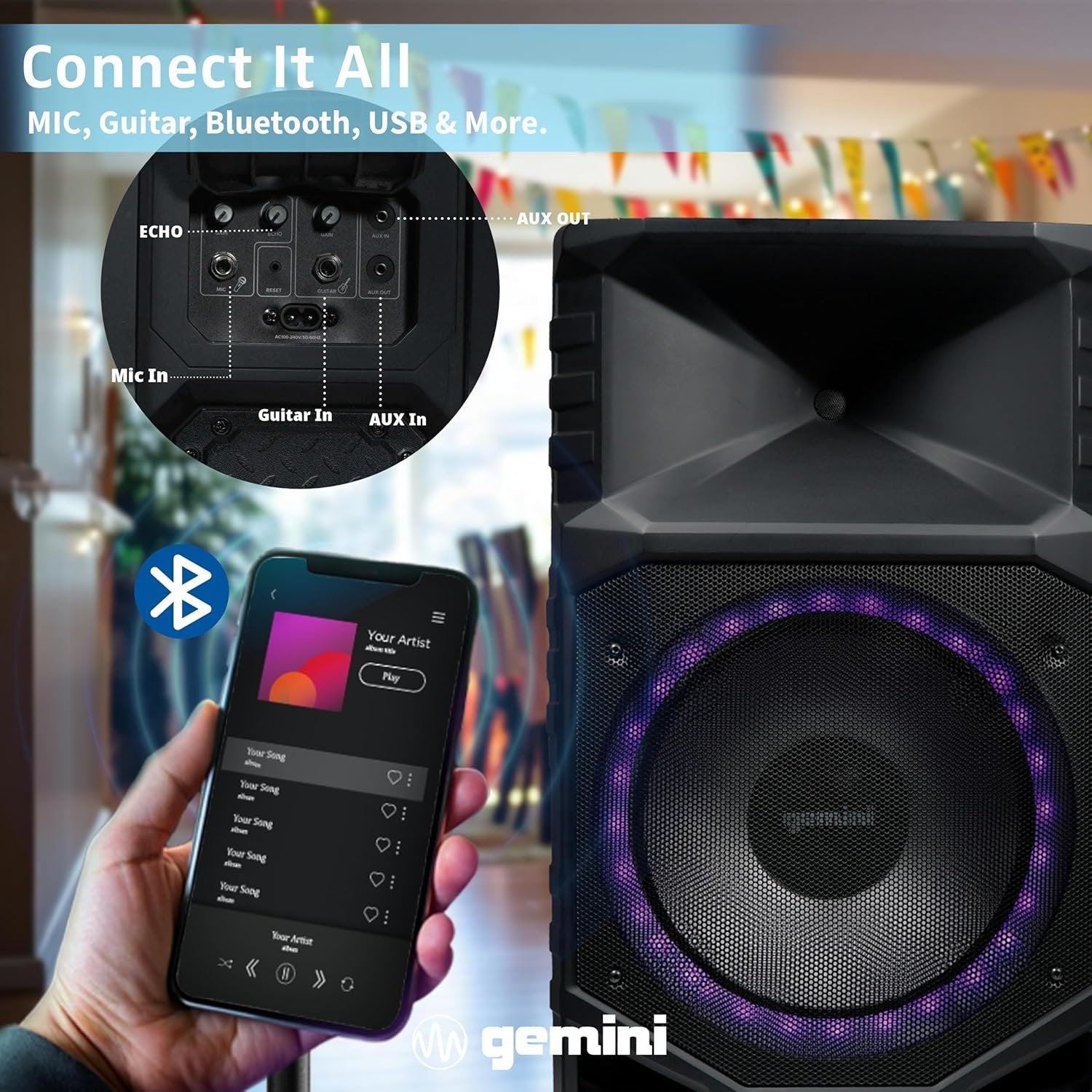 Gemini Sound GXP-T1500 waterproof 15-inch Bluetooth PA speaker with 1500W power and portable design