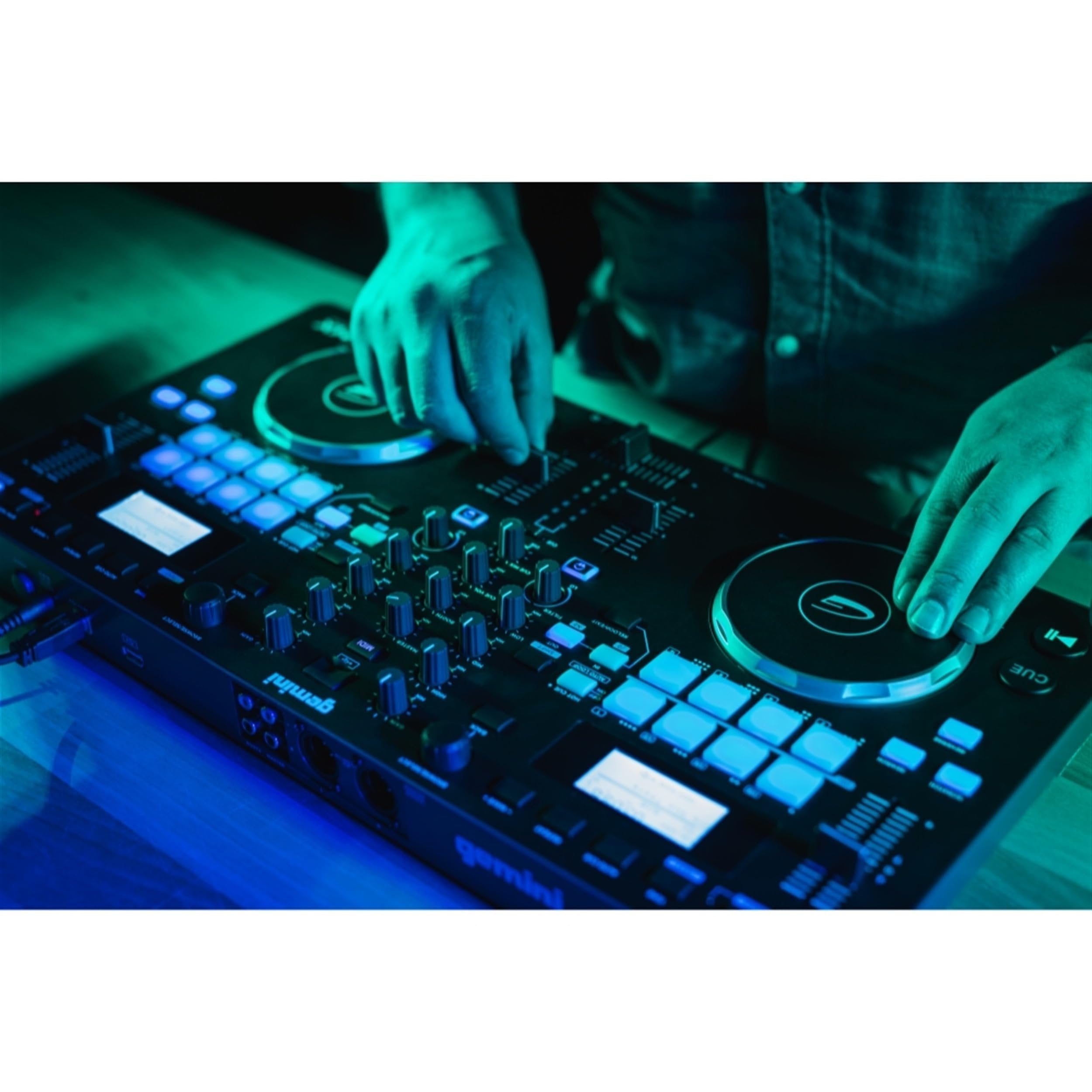 Gemini GMX two-channel portable DJ media player with sleek black design and intuitive control layout