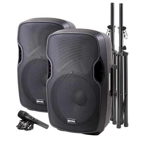 Gemini Sound dual speaker PA system with portable design, ideal for events and entertainment settings.