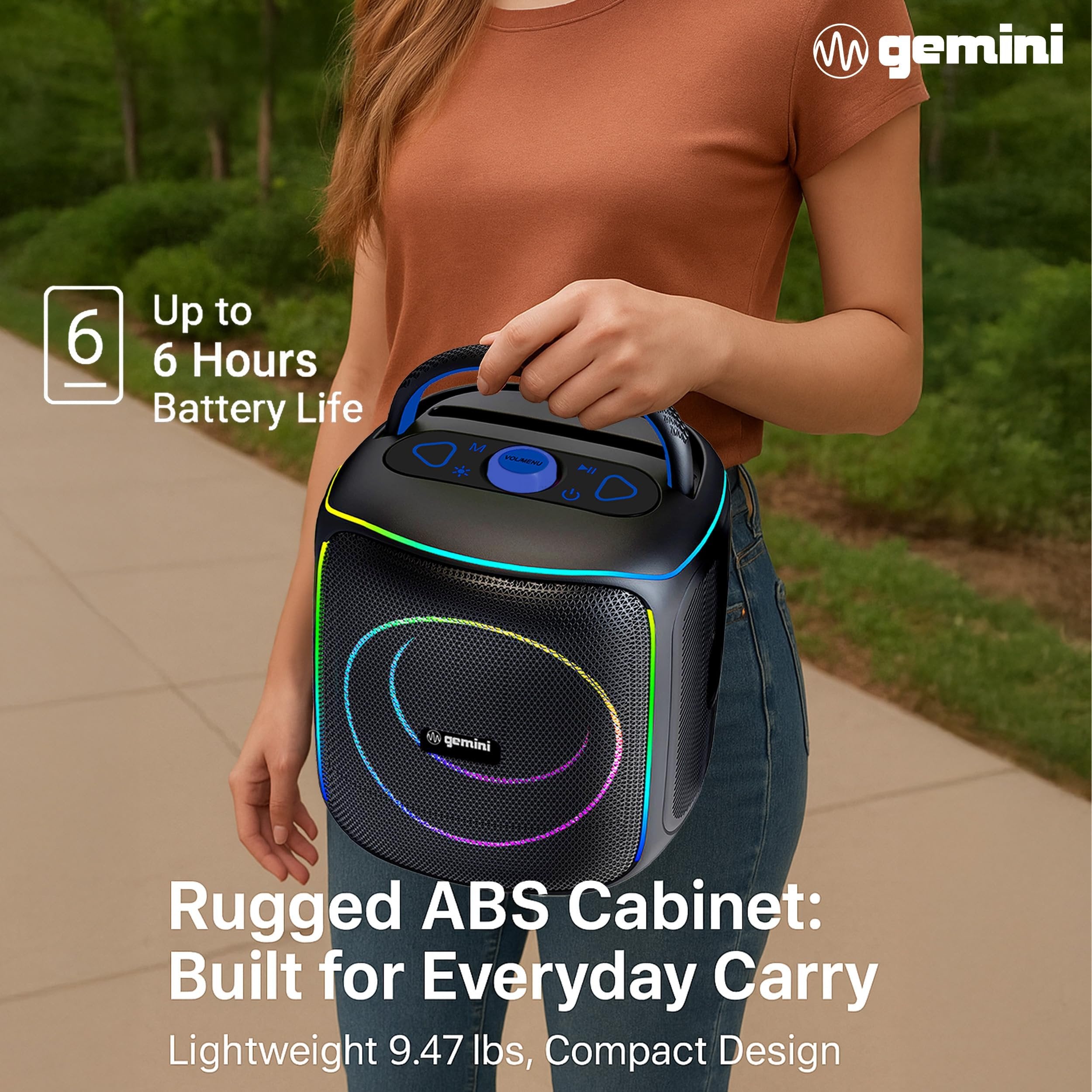 Gemini Sound GPK-200PK rechargeable karaoke speaker with two microphones, RGB LED lights, and lightweight design.