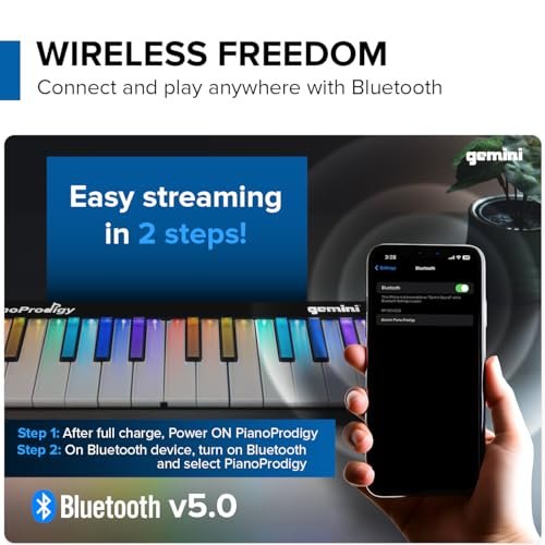 Gemini Sound 24-key wireless MIDI keyboard in sleek black design, featuring app connectivity for beginners.