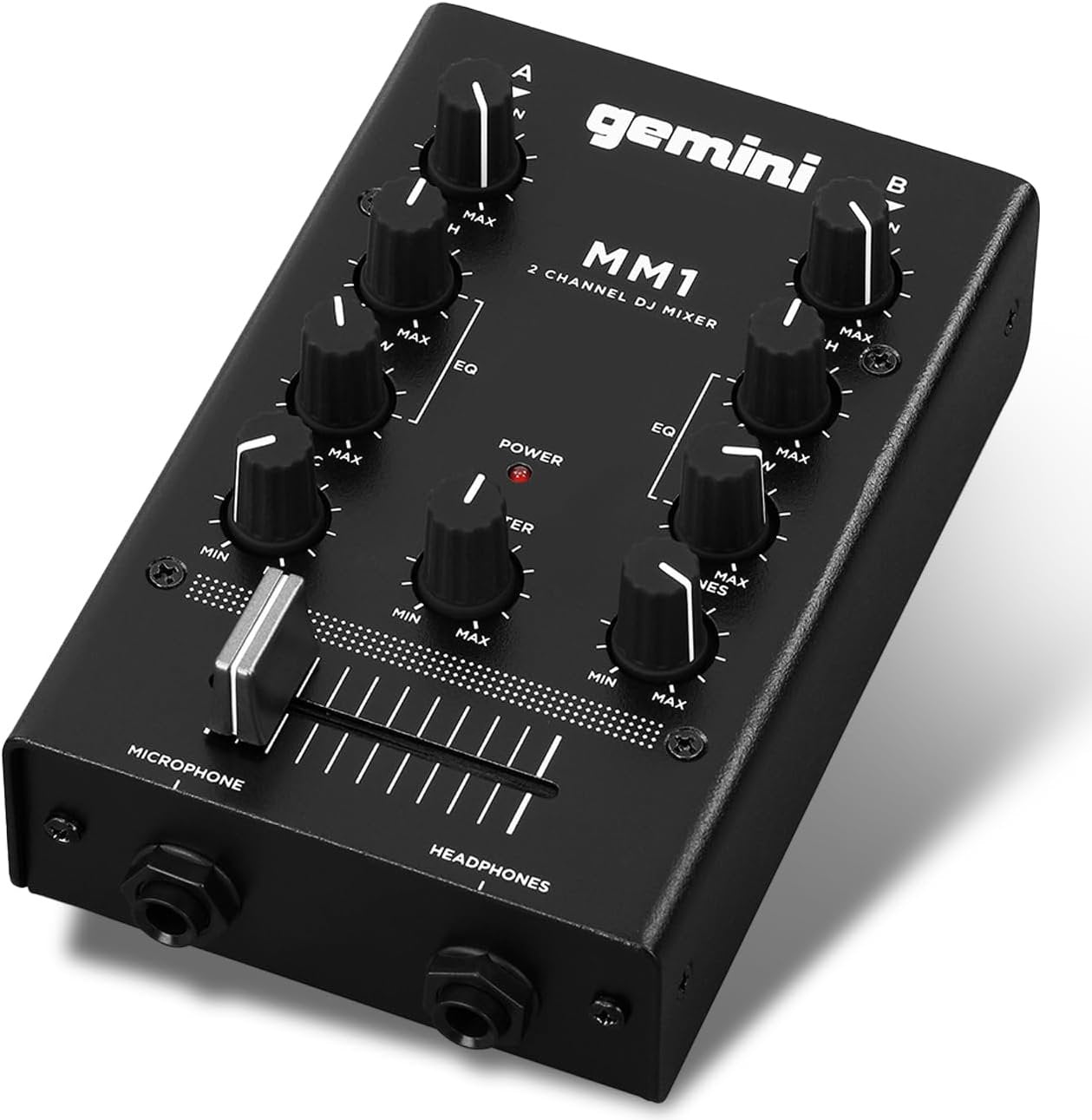 Gemini Sound MM1 portable 2-channel metal DJ mixer with compact design and audio-routing features