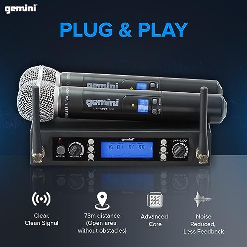 Gemini Sound UHF-6200M lightweight wireless microphone system with portable receiver, 240ft range