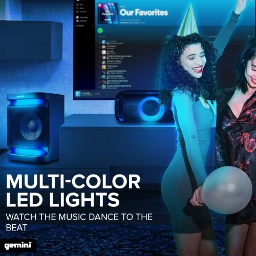 Gemini GSYS-4800 stereo system with Bluetooth, 3000W power, and LED party lights, featuring a 6.5-inch mid-woofer.