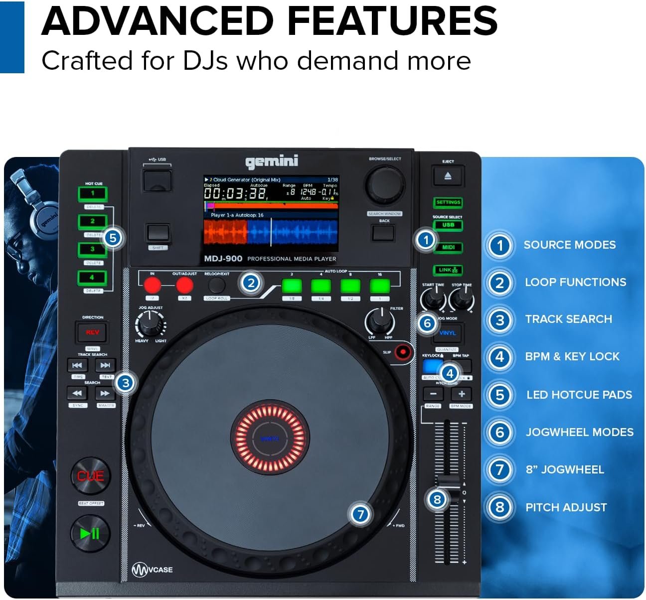 Gemini Sound MDJ-900 DJ media player with 8-inch touch screen and USB, featuring beatmatching system and 4-player link capab
