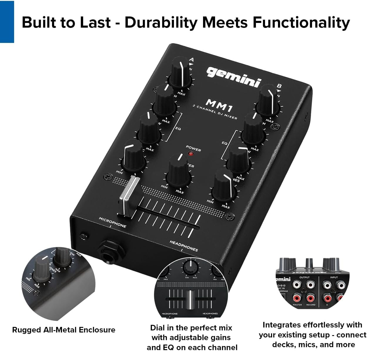 Gemini Sound MM1 portable 2-channel metal DJ mixer with audio-routing features, compact design for beginners