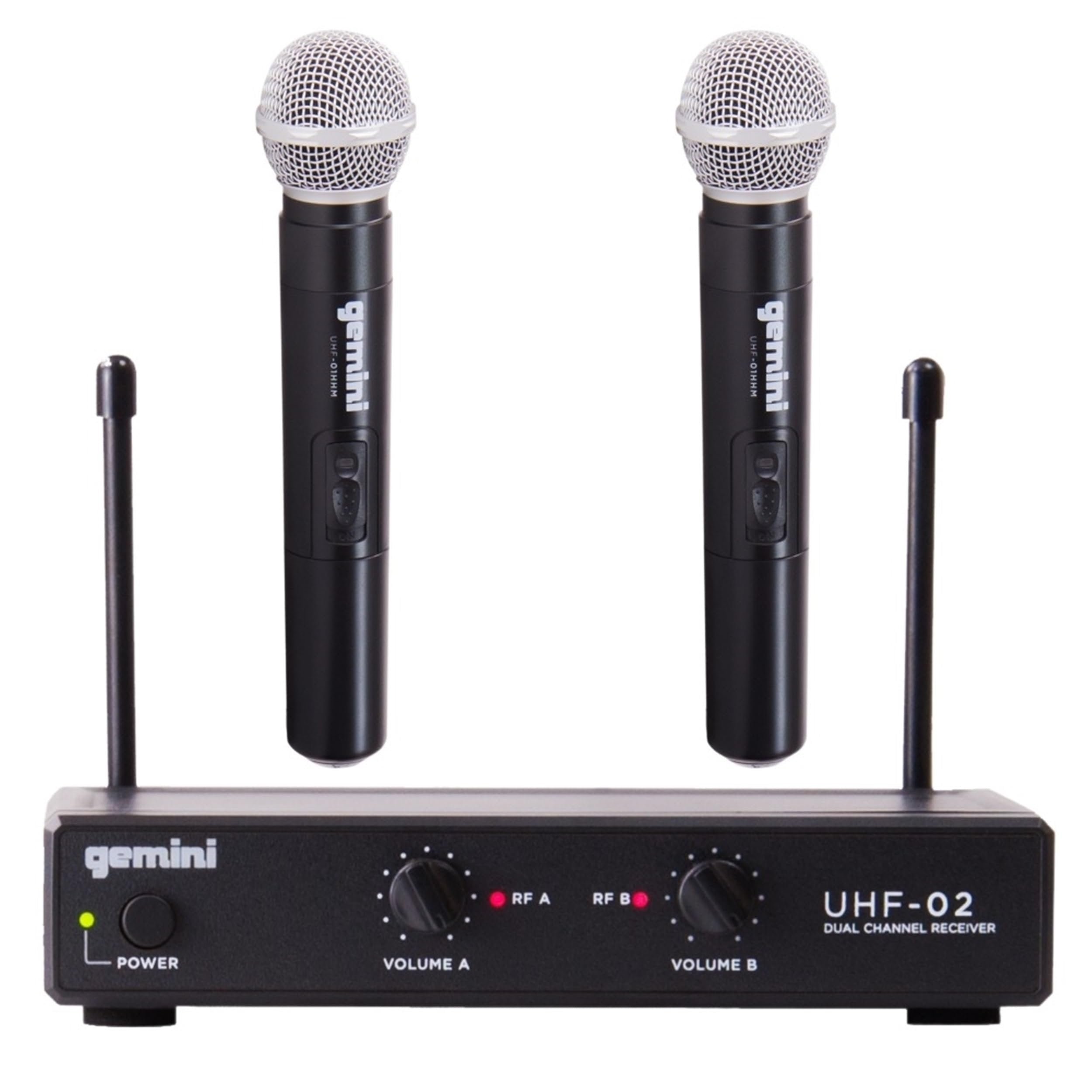 Gemini UHF-02M/HL wireless handheld microphone system with multi-frequency options, sleek black design