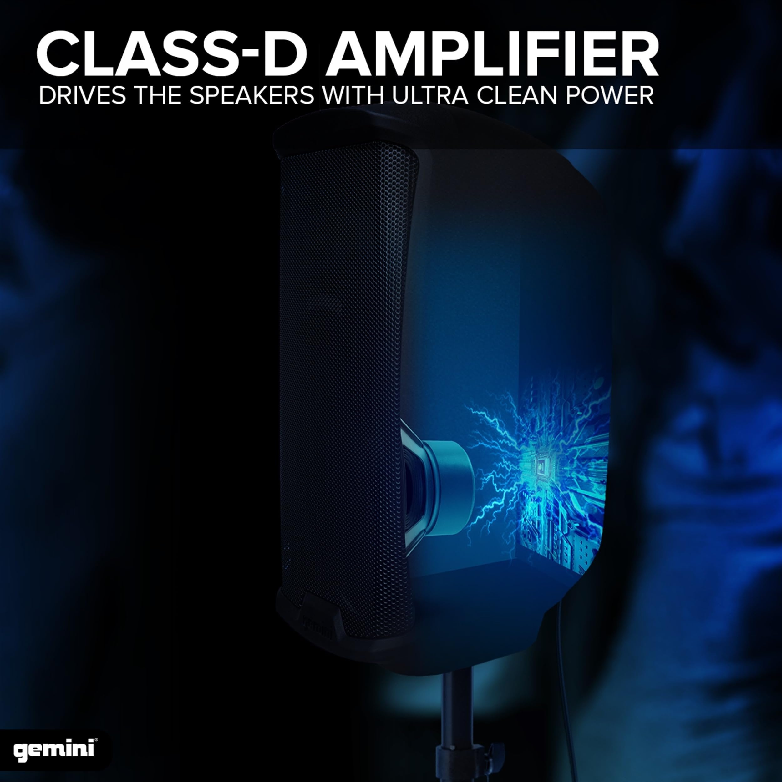 Gemini AS-2108P portable powered 8-inch PA speaker in black with 500W output and ABS cabinet