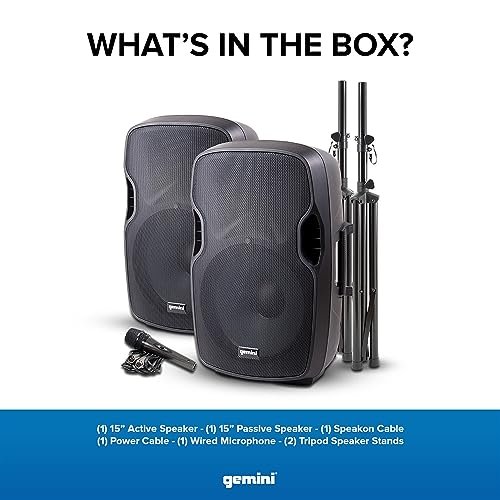 Gemini Sound PA-SYS15 dual speaker system for events, featuring black speakers with grill covers and adjustable stands.