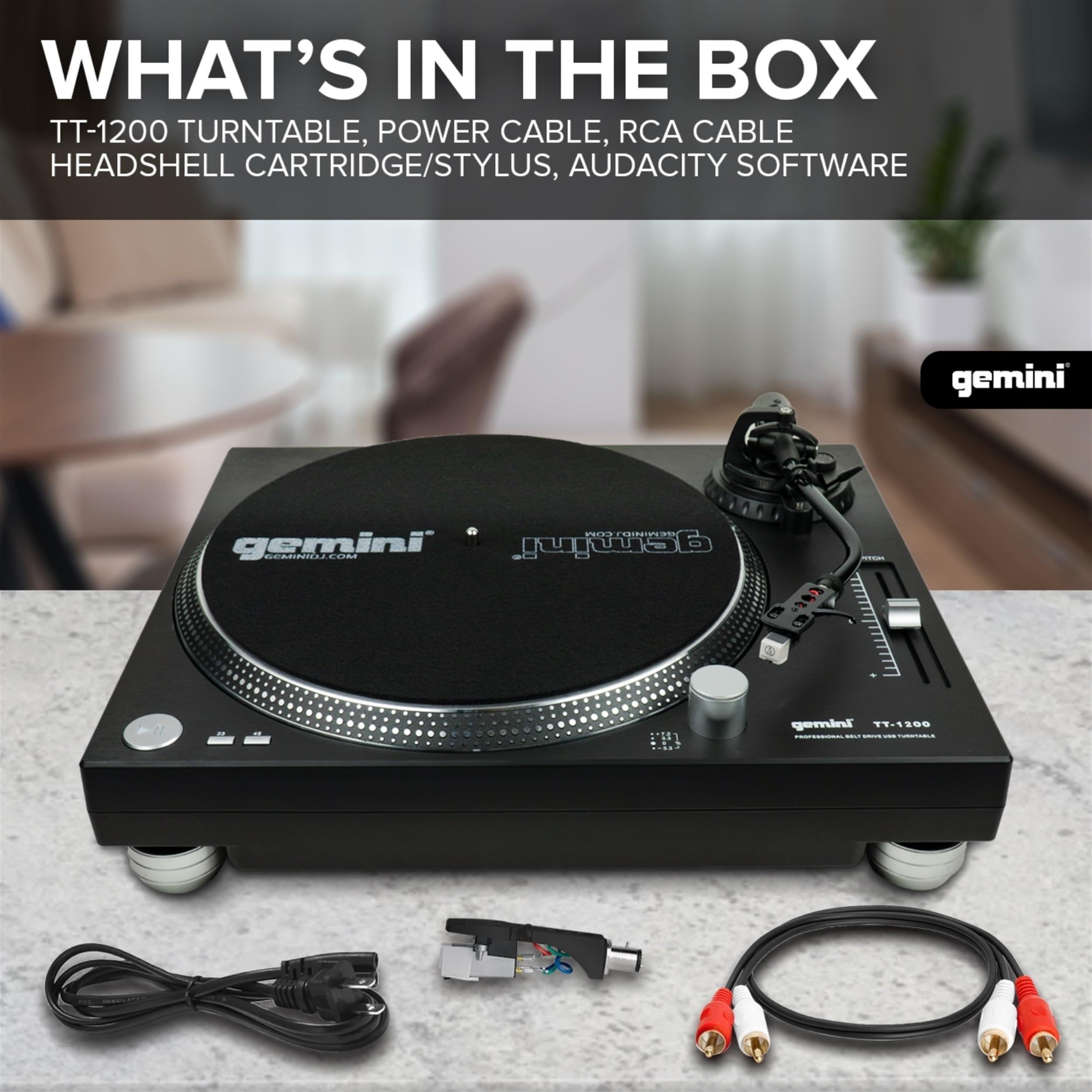 Gemini TT-1200 professional belt drive turntable with aluminum platter and Audio-Technica stylus, supports 33/45 RPM.