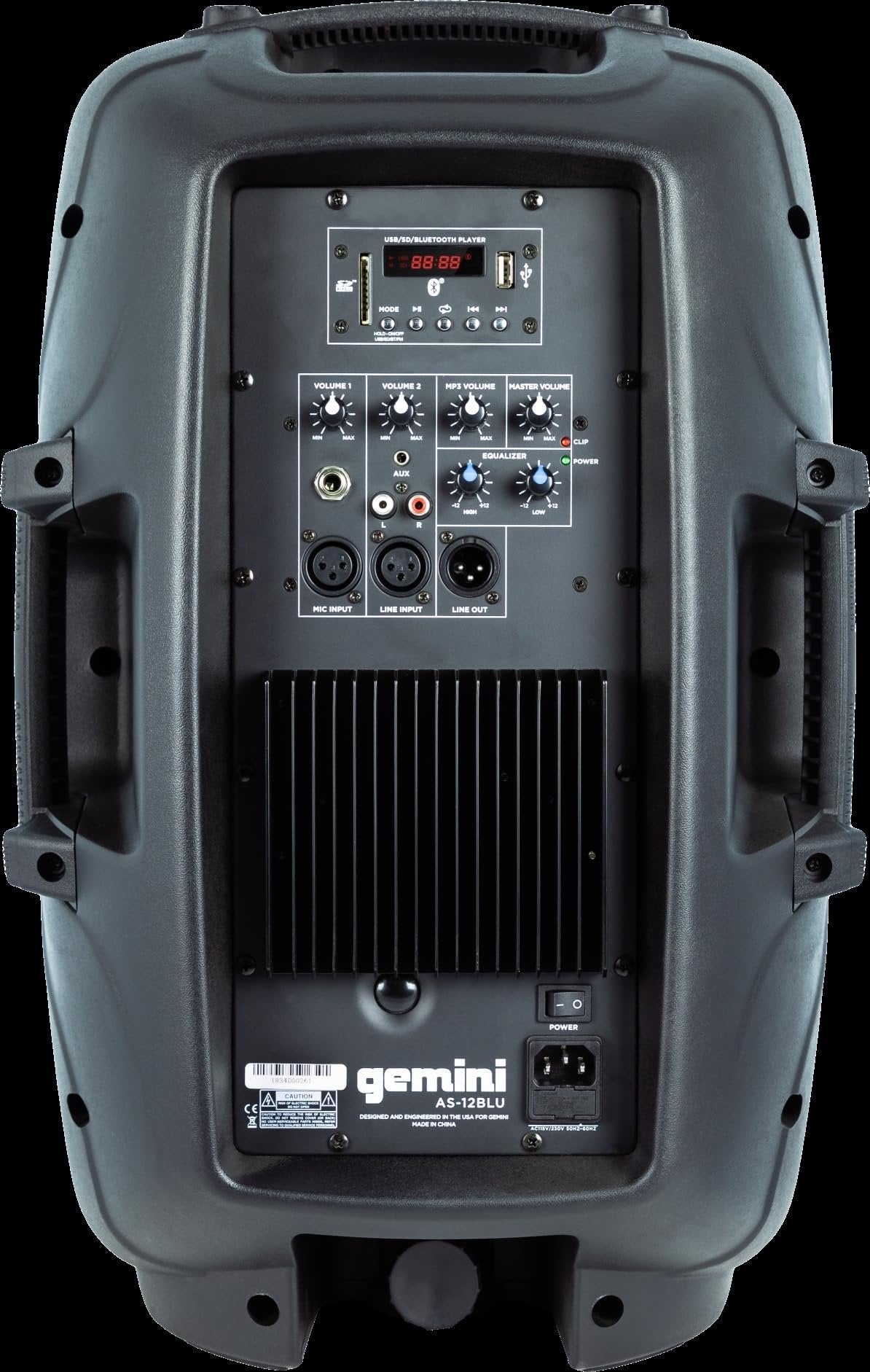 Gemini AS-12BLU 12-inch powered Bluetooth speaker with USB/SD, black finish and front-facing controls