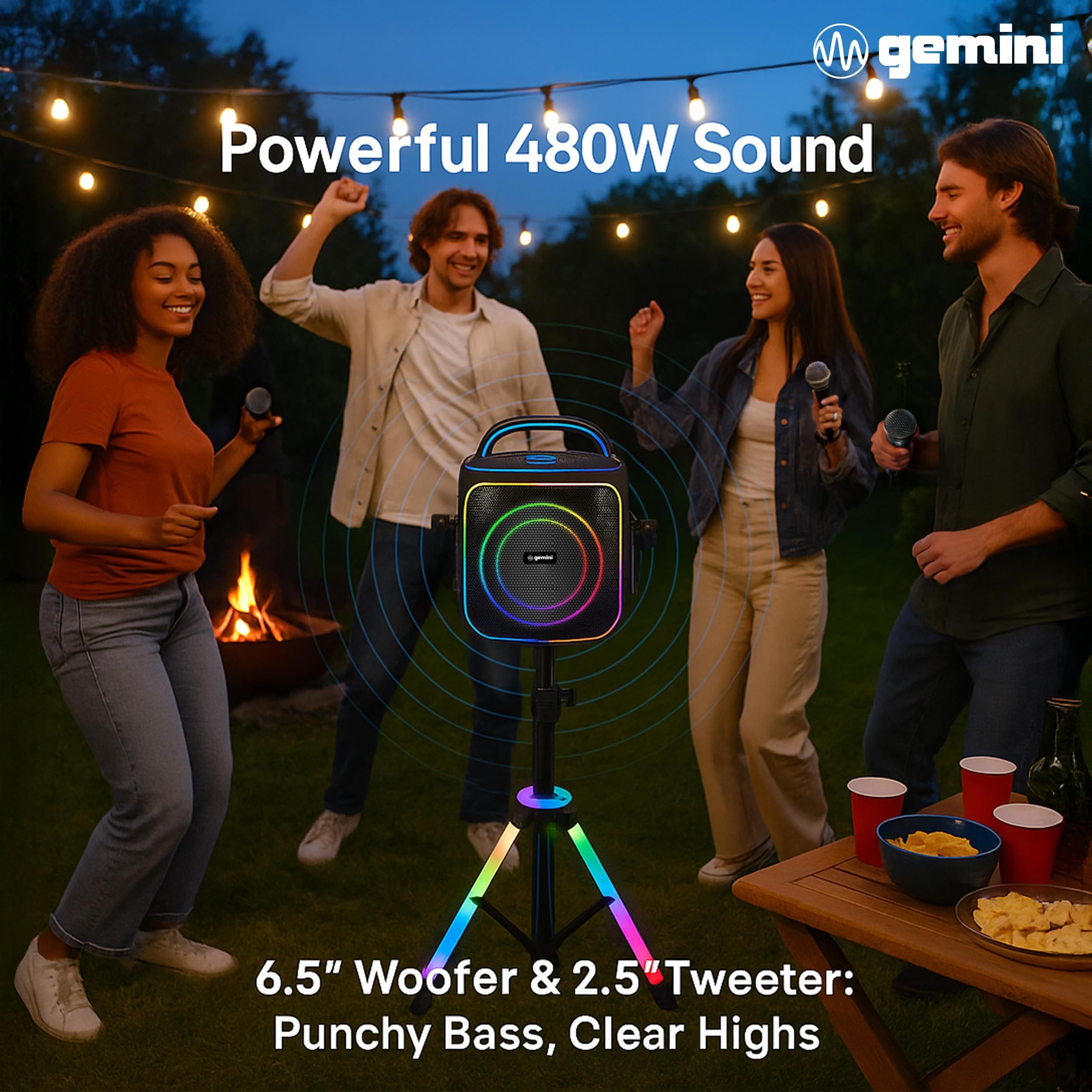 Gemini Sound GPK-200PK rechargeable karaoke speaker system with two wireless microphones and RGB LED tripod stand.
