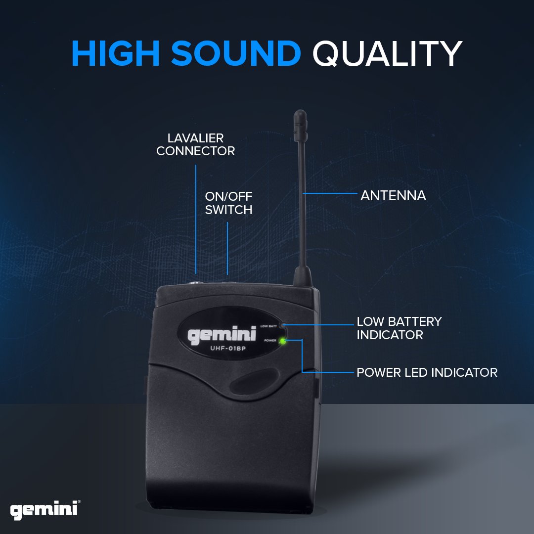 Gemini UHF-01HL wireless microphone system with multi-frequency options in sleek black design