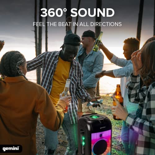 Gemini Sound GPLT-360 1000W portable Bluetooth speaker with 360° LED party lighting and aux input.