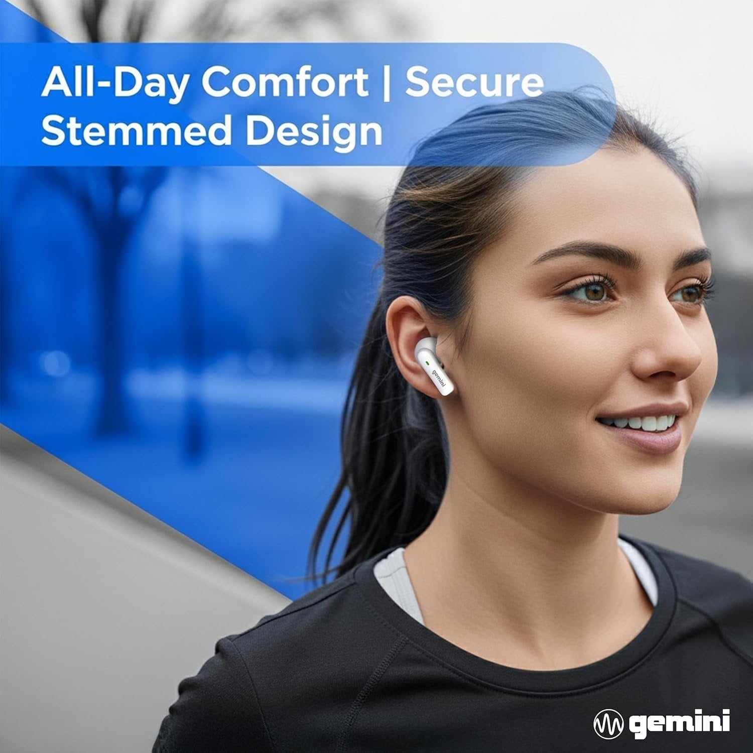 Black Gemini Sound GEBX-100 Bluetooth 5.4 wireless earbuds with charging case, featuring 13mm drivers