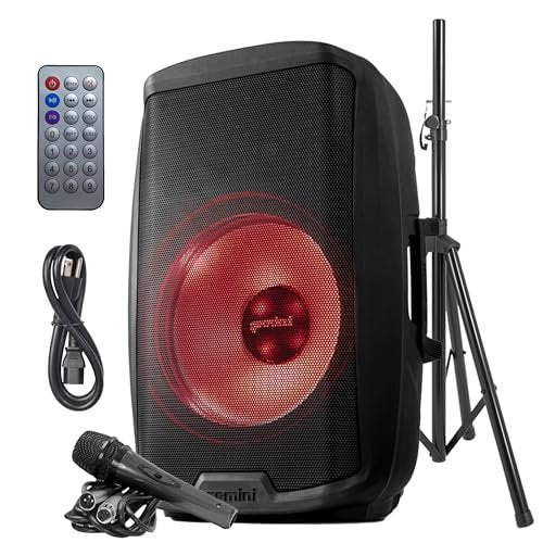 Gemini Sound 15-inch Bluetooth PA speaker with LED lights, 2000W power, and black finish
