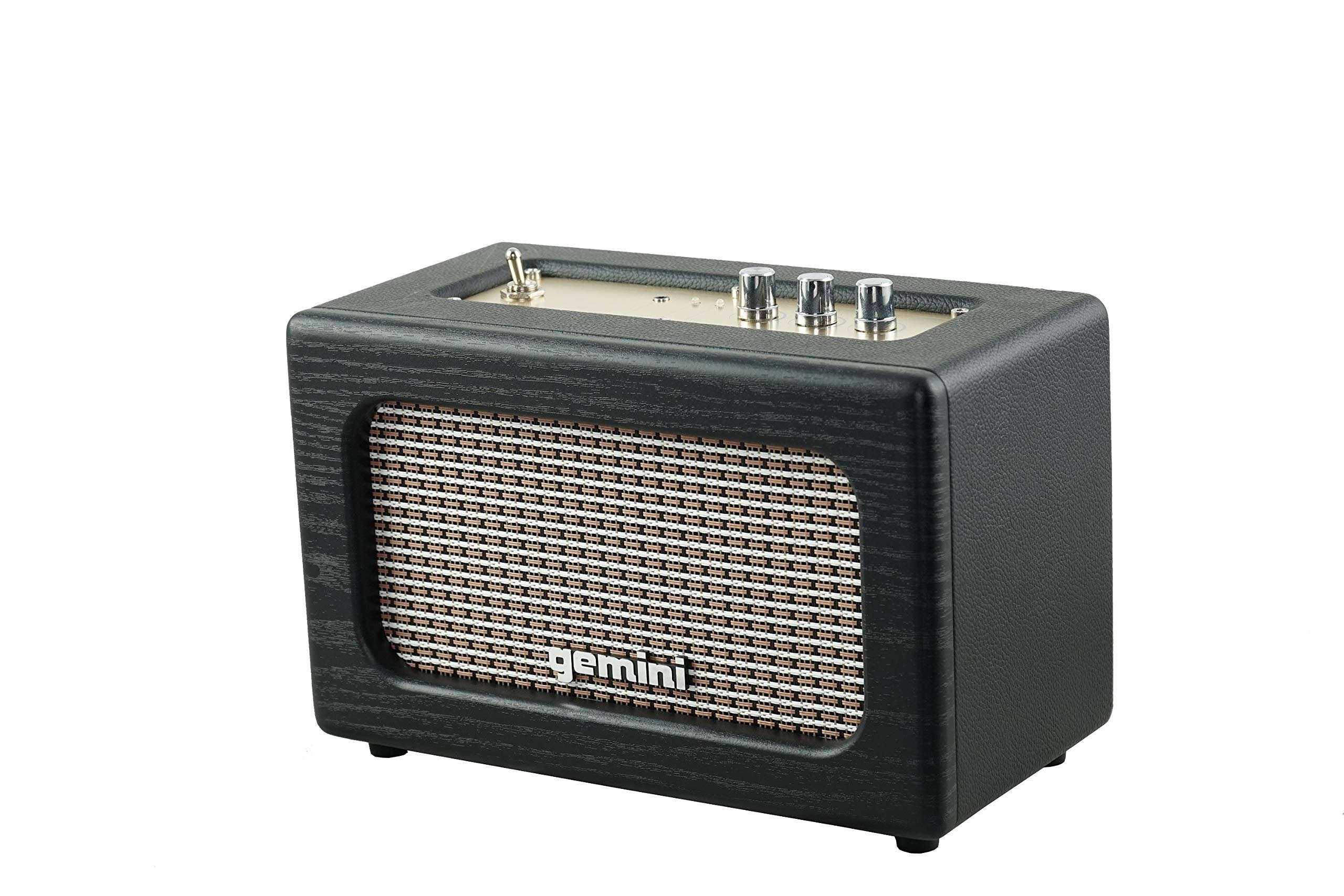 Gemini Sound GTR-100 Vintage Bluetooth Speaker in wood finish with analog controls and aux input, 40W portable design
