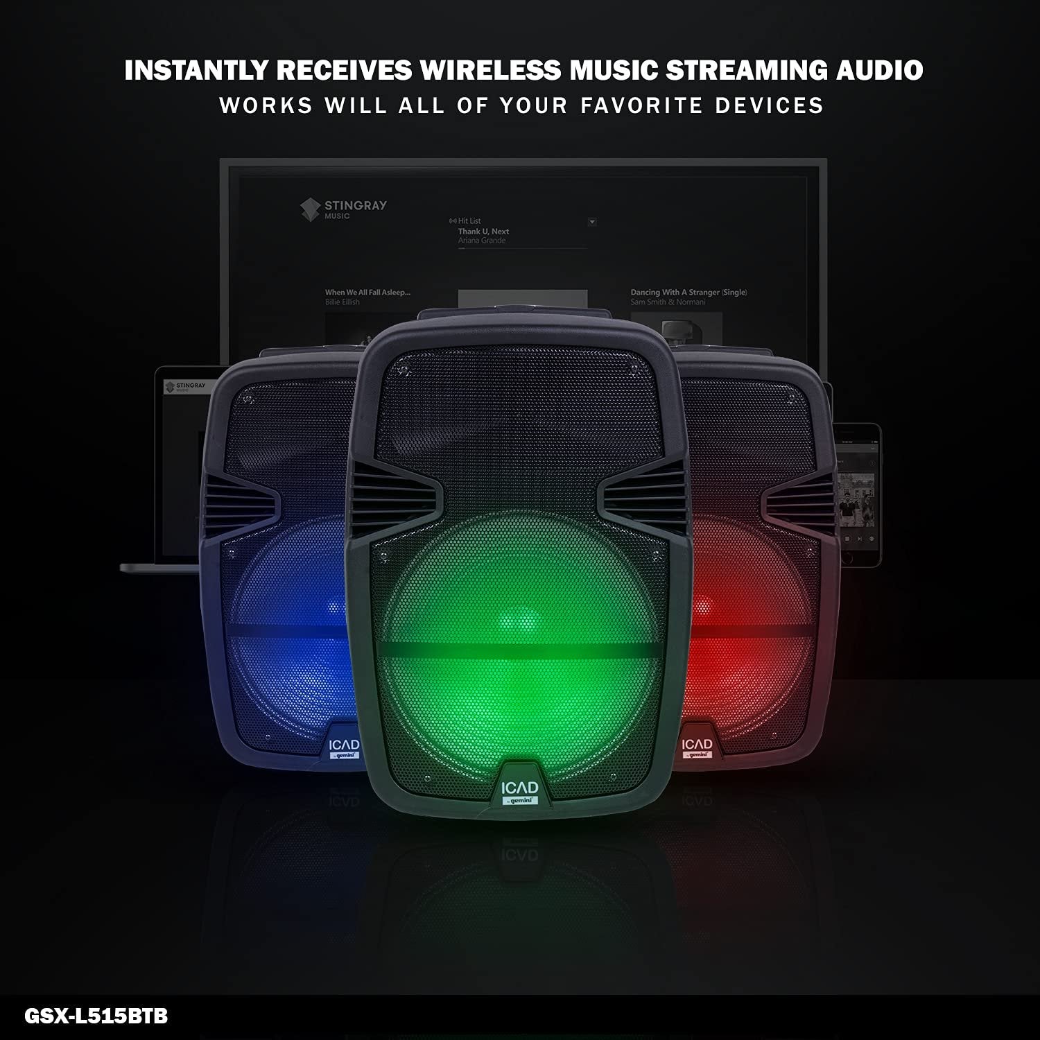 Gemini Sound GSX-L515BTB 15-inch rechargeable trolley speaker with LED lights, 2000W power, and AUX input