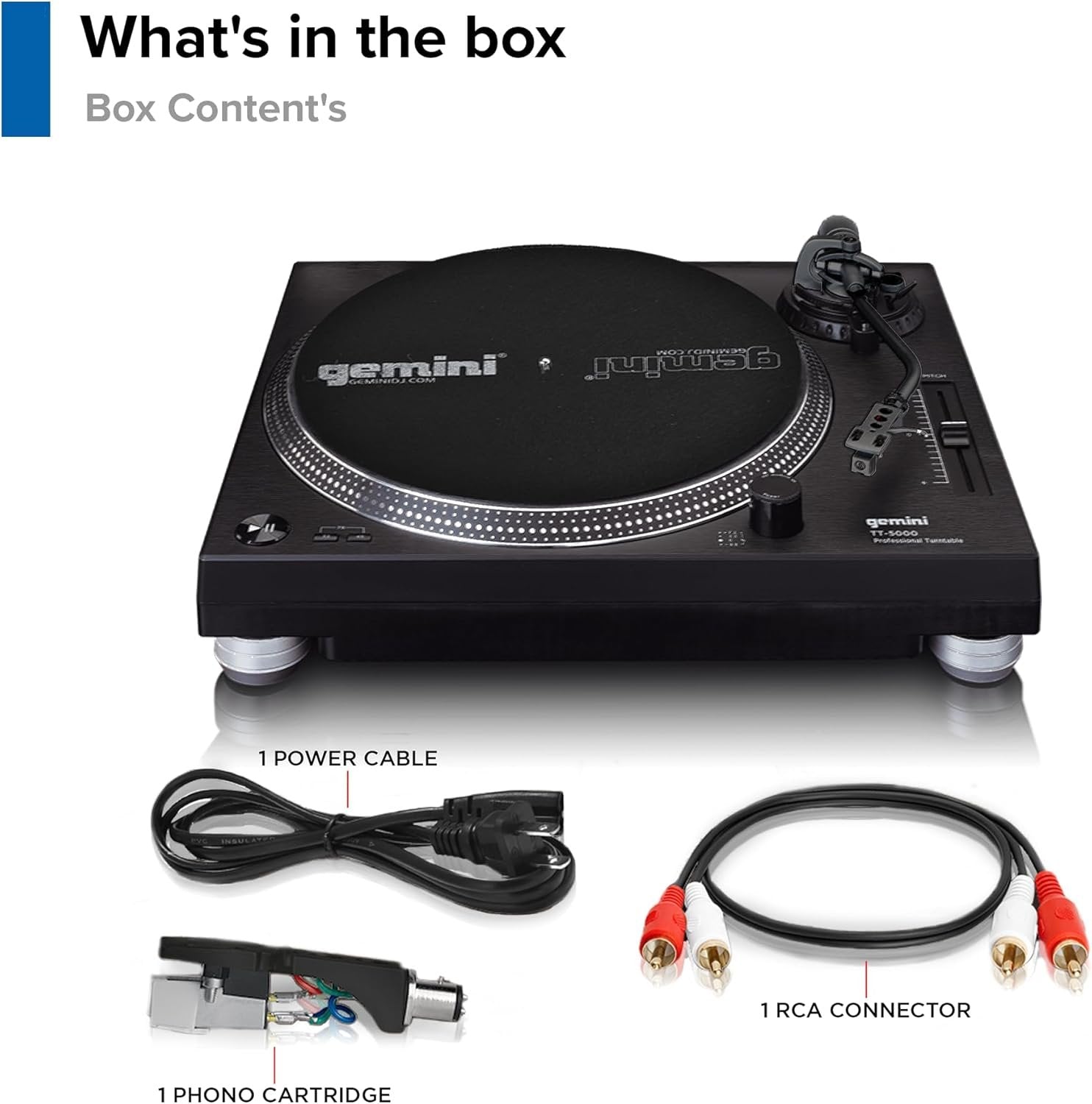Gemini TT-5000 black professional direct-drive turntable with USB recording, aluminum platter, and anti-skate feature.