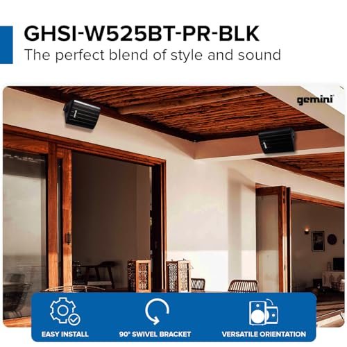 Black Gemini Sound waterproof outdoor Bluetooth speakers with 5.25-inch woofer and 0.75-inch tweeter, wall mountable.