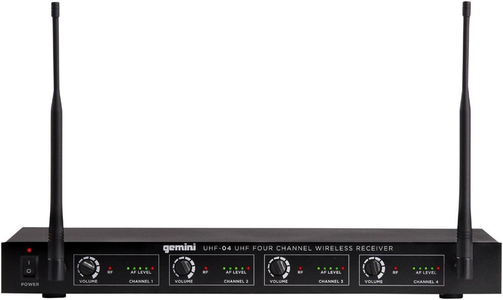 Gemini UHF-04HL multi-frequency wireless microphone system with sleek black design and dual handheld mics