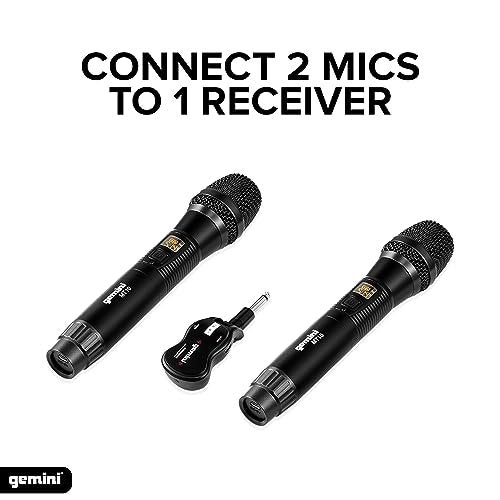 Gemini GMU-M200 UHF dual wireless microphone system with 50m range, featuring 18650 battery technology.