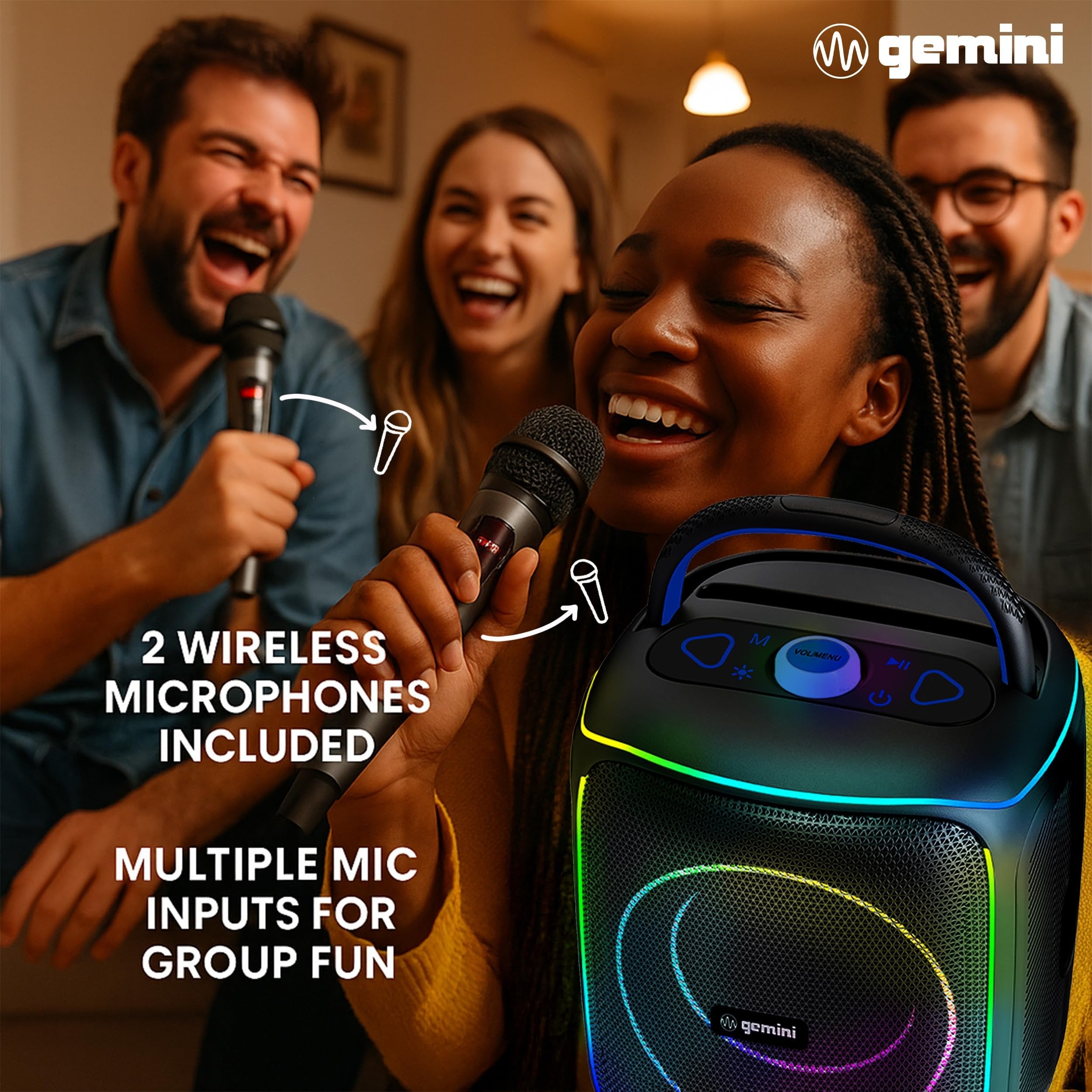 Gemini Sound GPK-200PK rechargeable karaoke speaker system with two wireless microphones and RGB LED lights.