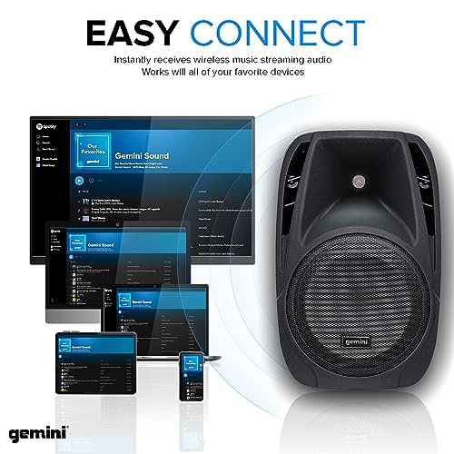 Gemini Sound ES-210MXBLU-ST portable PA system with dual 10-inch speakers and 150W output.