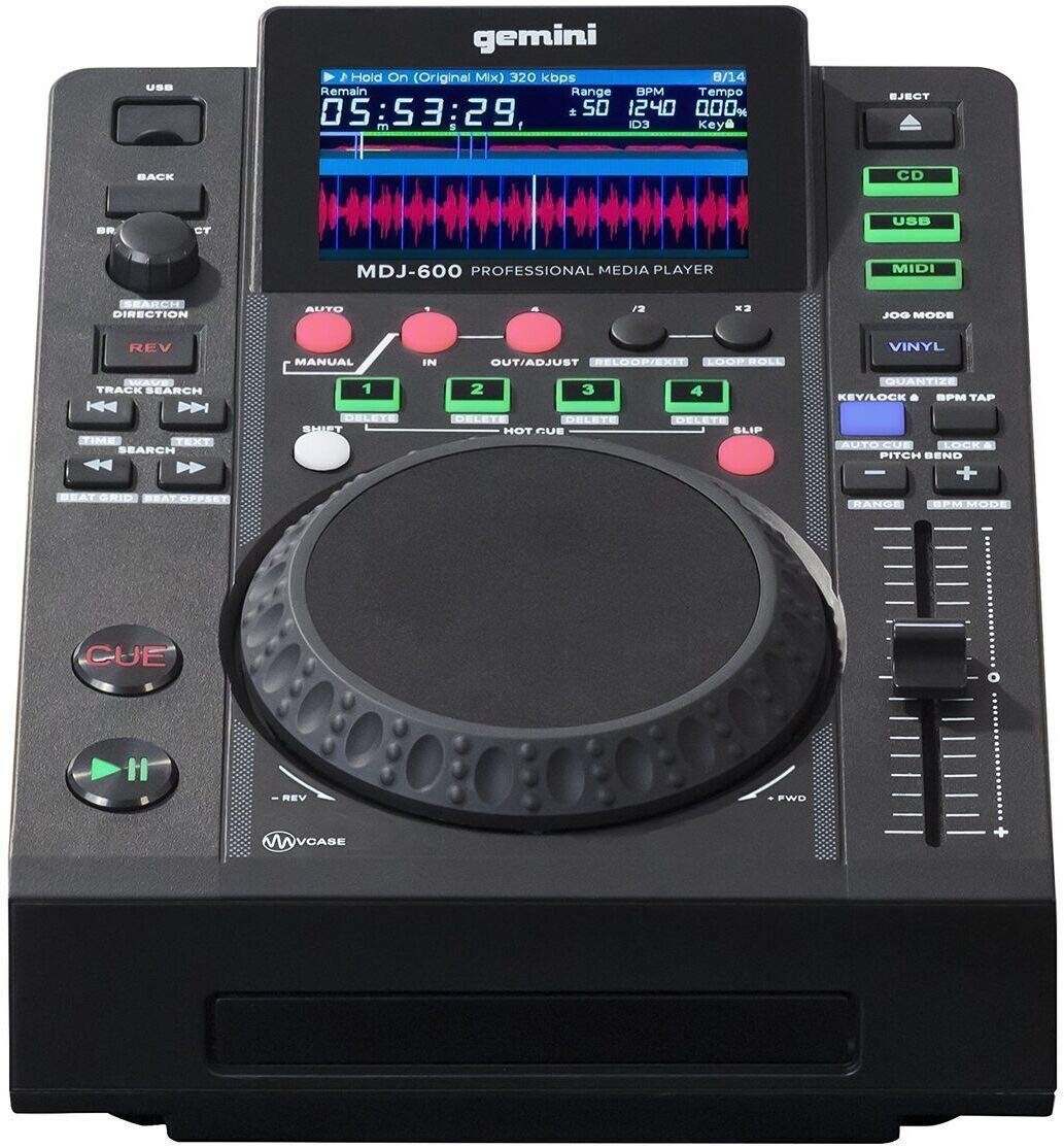 Gemini MDJ-600 professional DJ media player with touch platter and USB/CD input, featuring sleek black design.