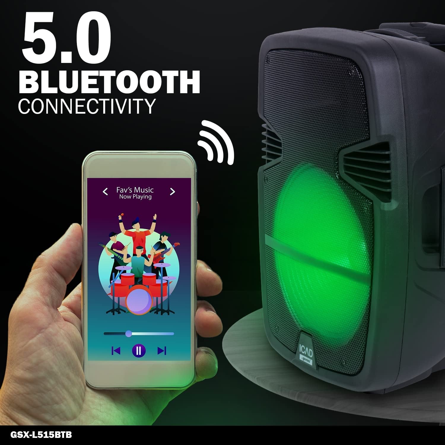 Gemini Sound GSX-L515BTB 15-inch rechargeable trolley speaker with LED lights, 2000W power, and AUX input.