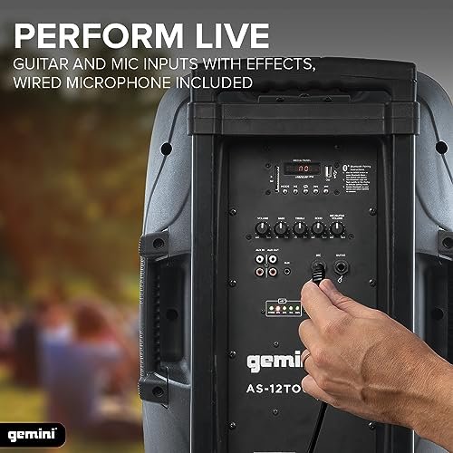 Gemini AS-12TOGO portable Bluetooth speaker with 12-inch woofer and battery, featuring a sleek black design.