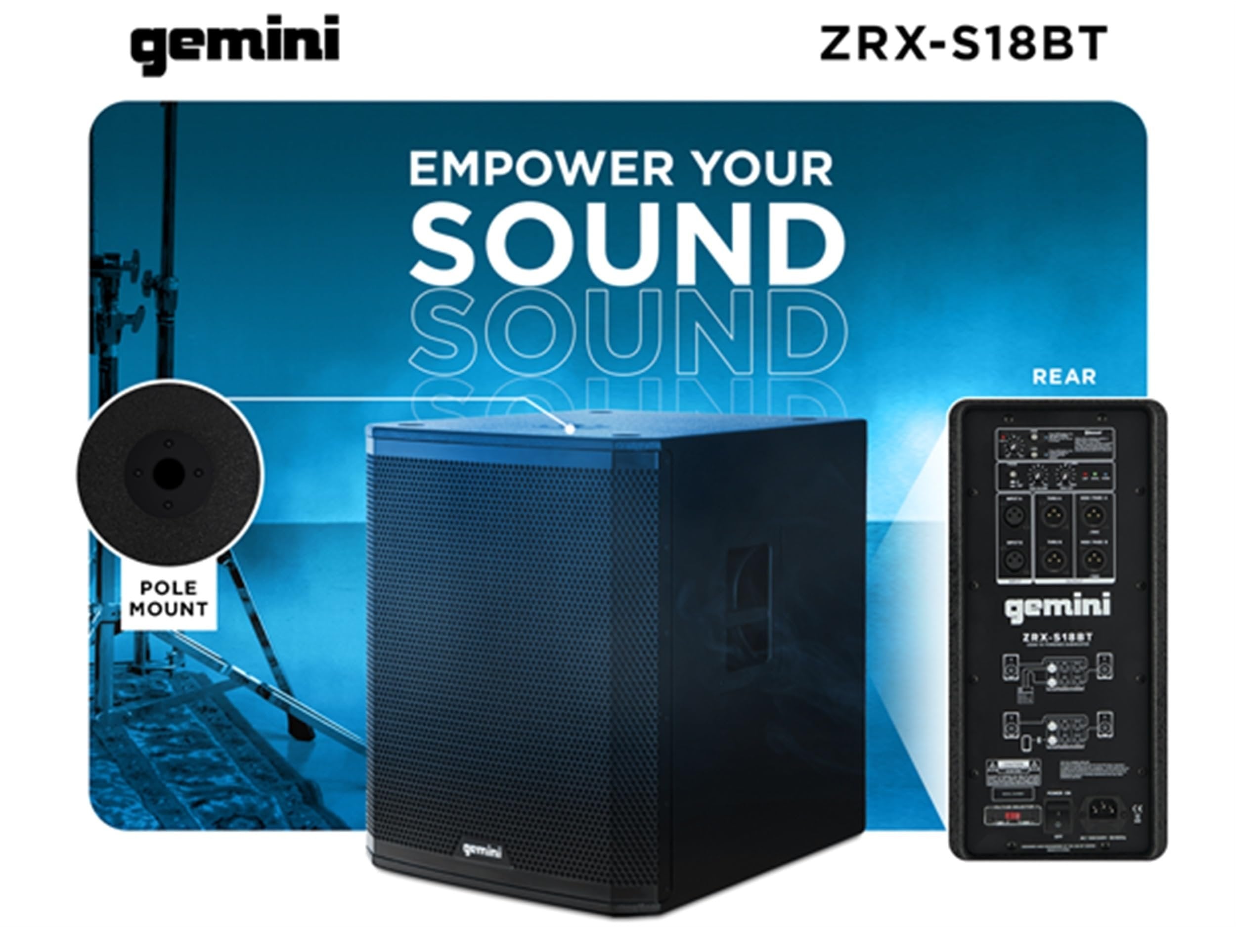 Gemini ZRX-S18BT 18-inch black Bluetooth subwoofer with 2400W peak power and 600W RMS for DJ use