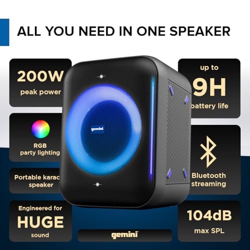 Gemini GRV-650L Bluetooth party speaker with LED lights and 6.5-inch woofer, featuring a sleek black design.