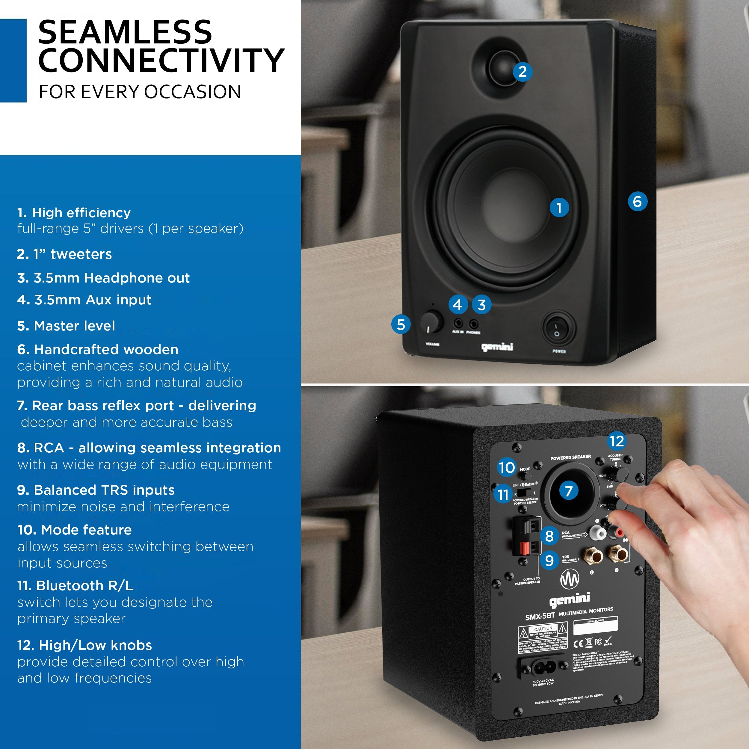 Gemini Sound SMX-5BT Bluetooth bookshelf studio monitor speakers with 5-inch drivers, black finish, 200W power