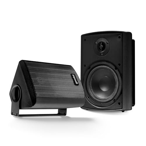 Black Gemini Sound waterproof outdoor Bluetooth speakers with 5.25-inch woofer and 0.75-inch tweeter, wall mountable.