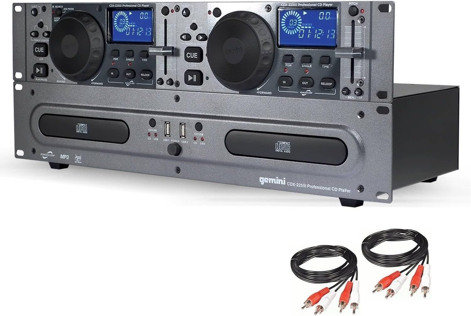 Gemini CDX-2250i dual deck DJ media player with USB and CD-R compatibility, featuring a sleek black design.