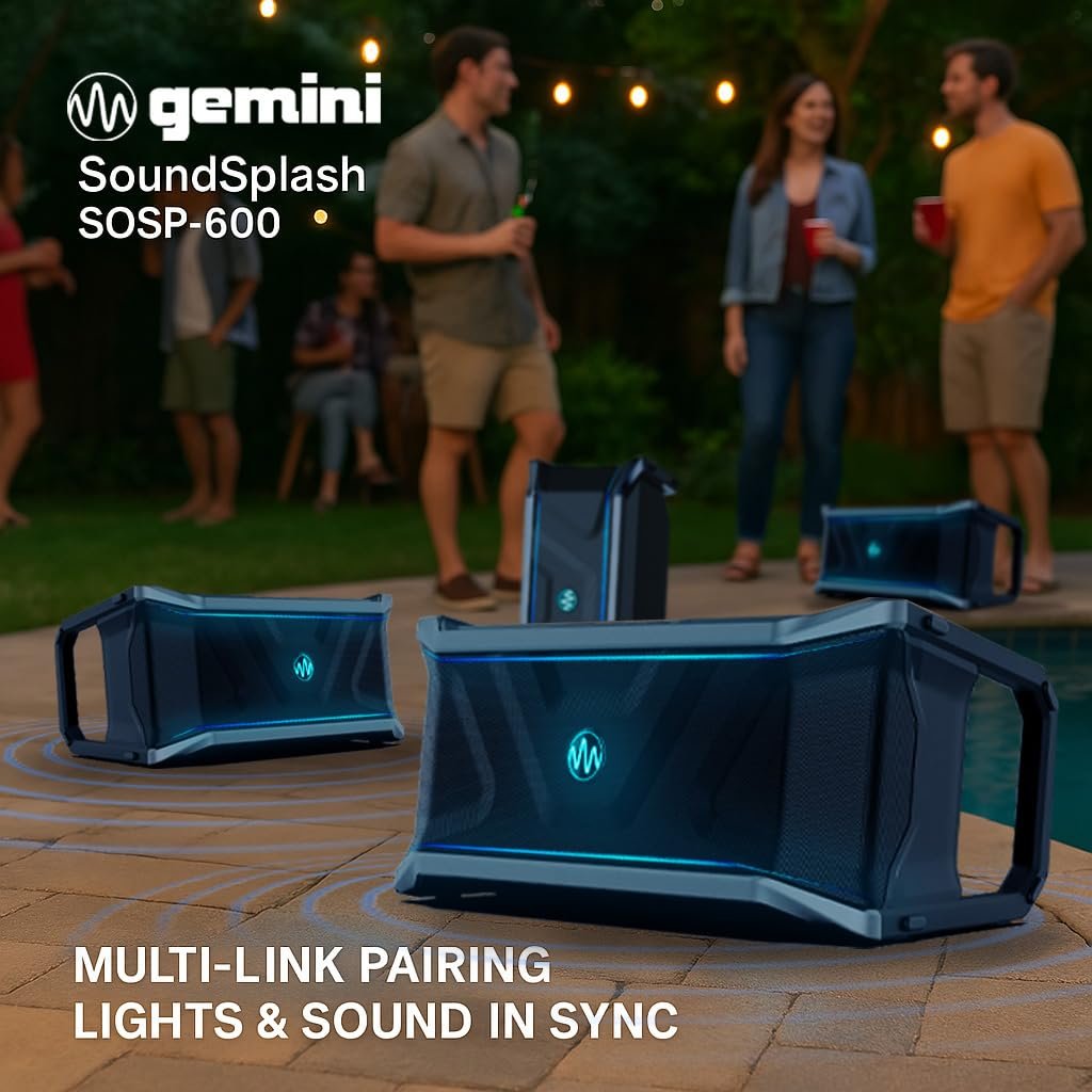 Silver Gemini SOSP-600 floating Bluetooth speaker, 300W, waterproof IP67, with 24hr battery and 270-degree sound