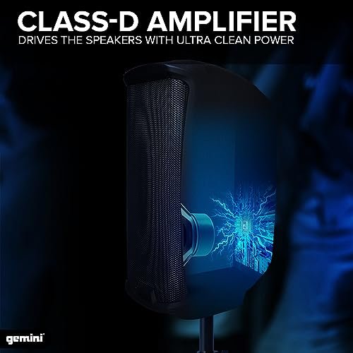 Gemini AS-2110BT 10-inch Bluetooth PA speaker in black with USB/SD inputs, 1000W power rating.