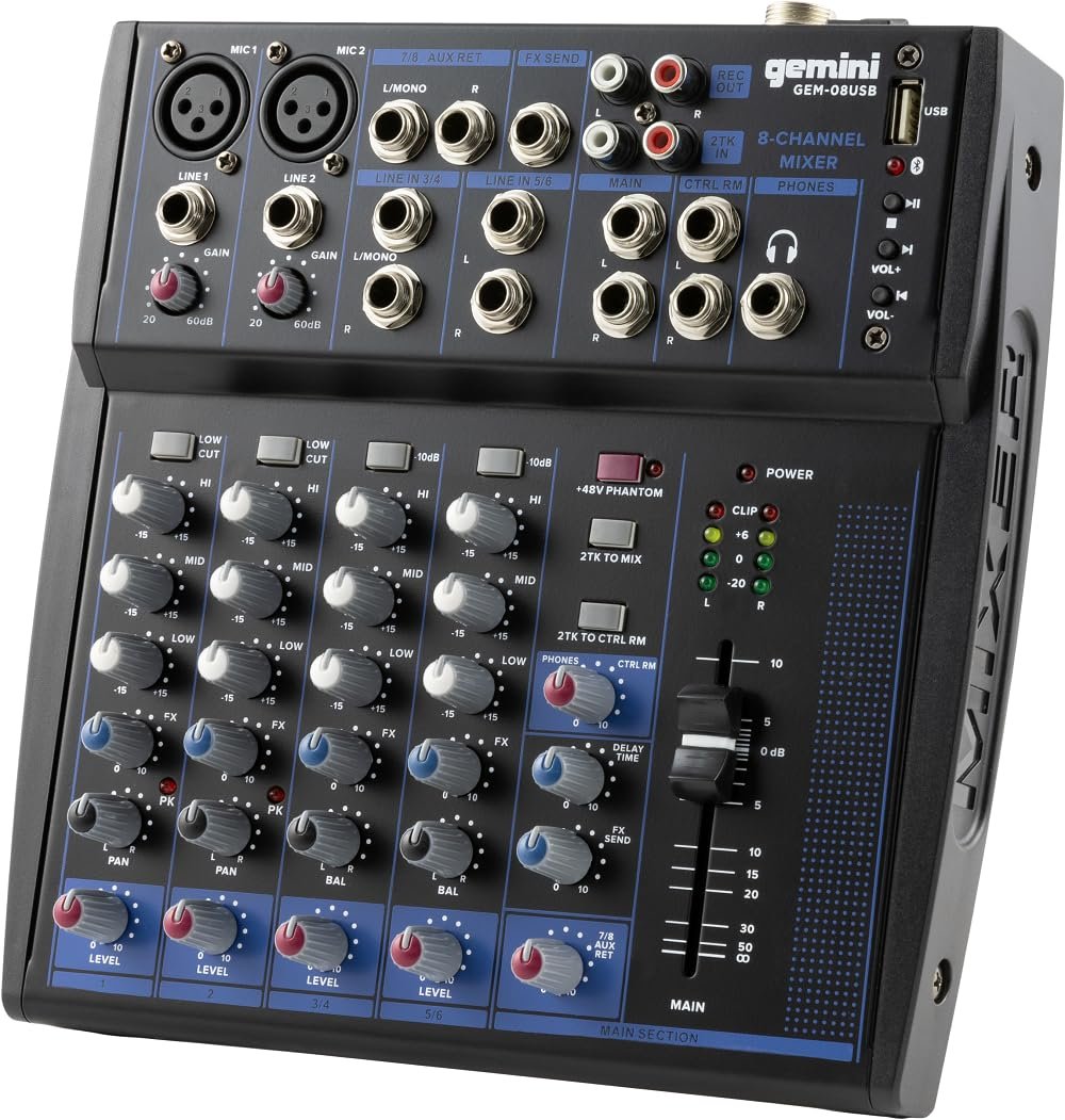 Gemini Sound GEM-08USB 8-channel Bluetooth audio mixer with analog controls and LED indicators